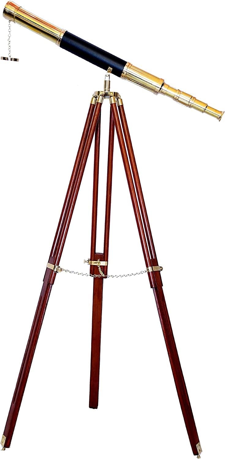 Nautical Vintage Shiny Brass Leather Telescope Floor Stand Wooden Brown Tripod 55"