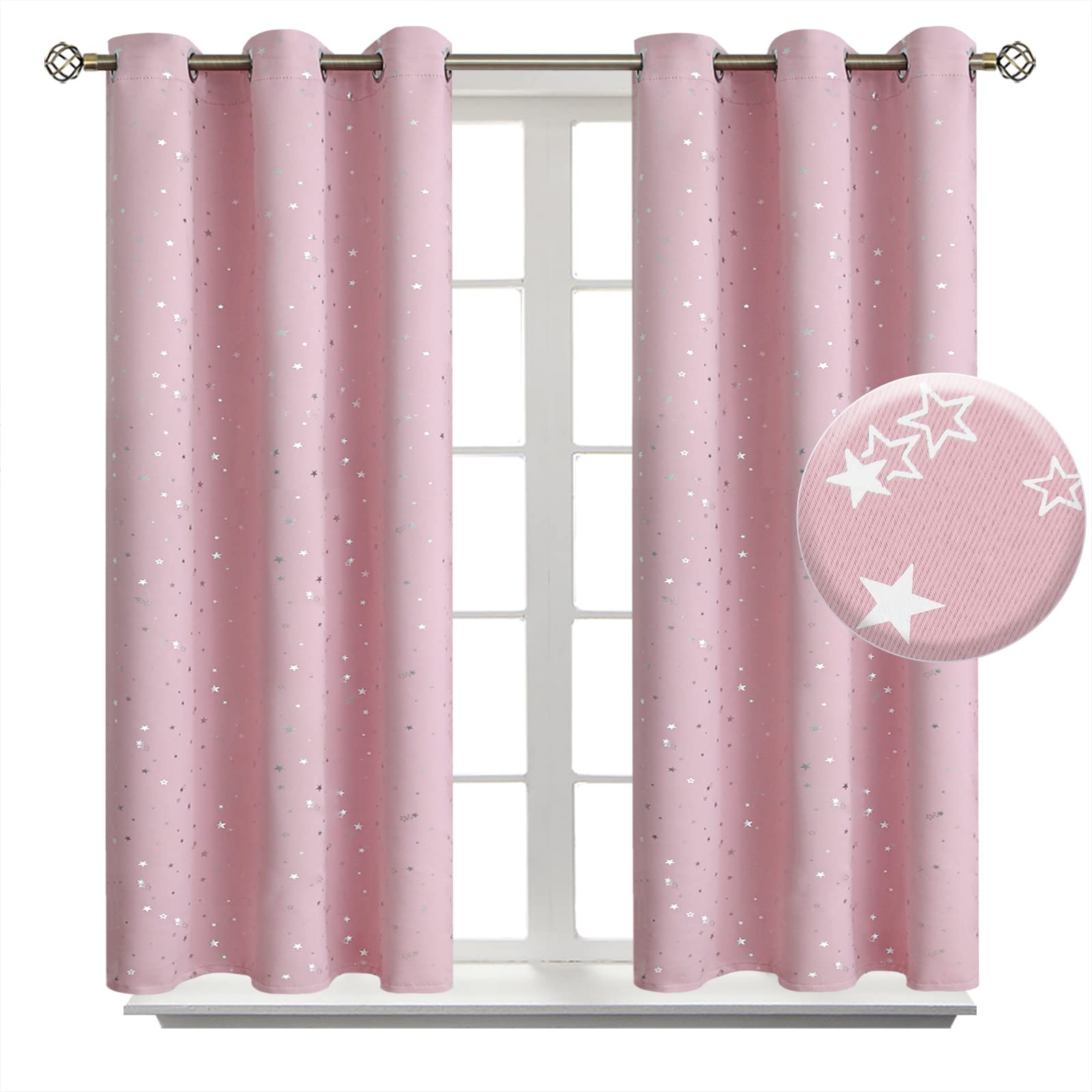 BGment Kids Blackout Curtains for Bedroom - Grommet Thermal Insulated Silver Star Print Room Darkening Curtains for Kids Room, Set of 2 Panels, 38 x 45 Inch, Baby Pink