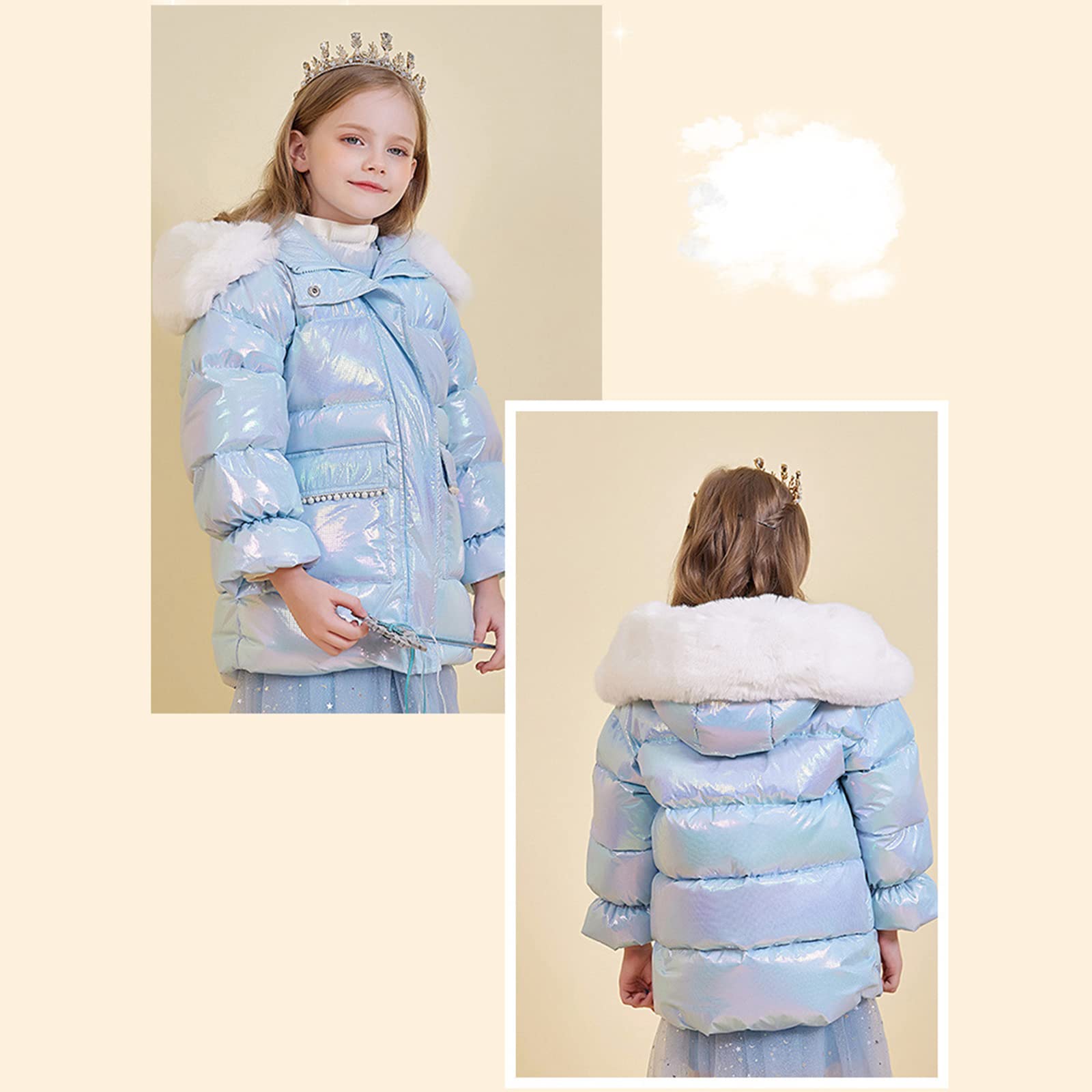 Piumino Invernale Dolce Ragazza di Media Lunghezza 90 Soffice Piumino D'Anatra Bianca Abbagliante Giacca Calda per Bambini Cappotto Colorato Cappuccio Luminoso,Blue,6T(120CM)