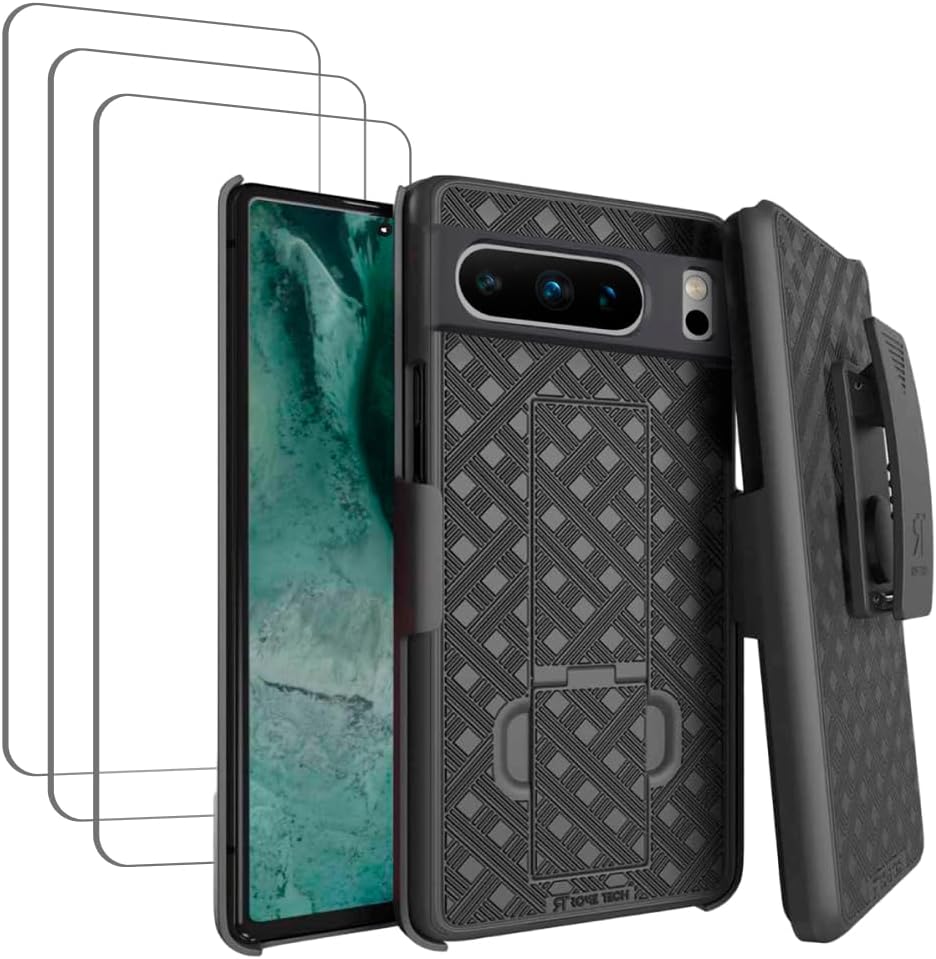Rome Tech for Google Pixel 8 Pro Case with Belt Clip Holster, 3-Pack Tempered Glass Screen Protector, Kickstand Slim Cover Phone Case for Pixel 8 Pro - Black