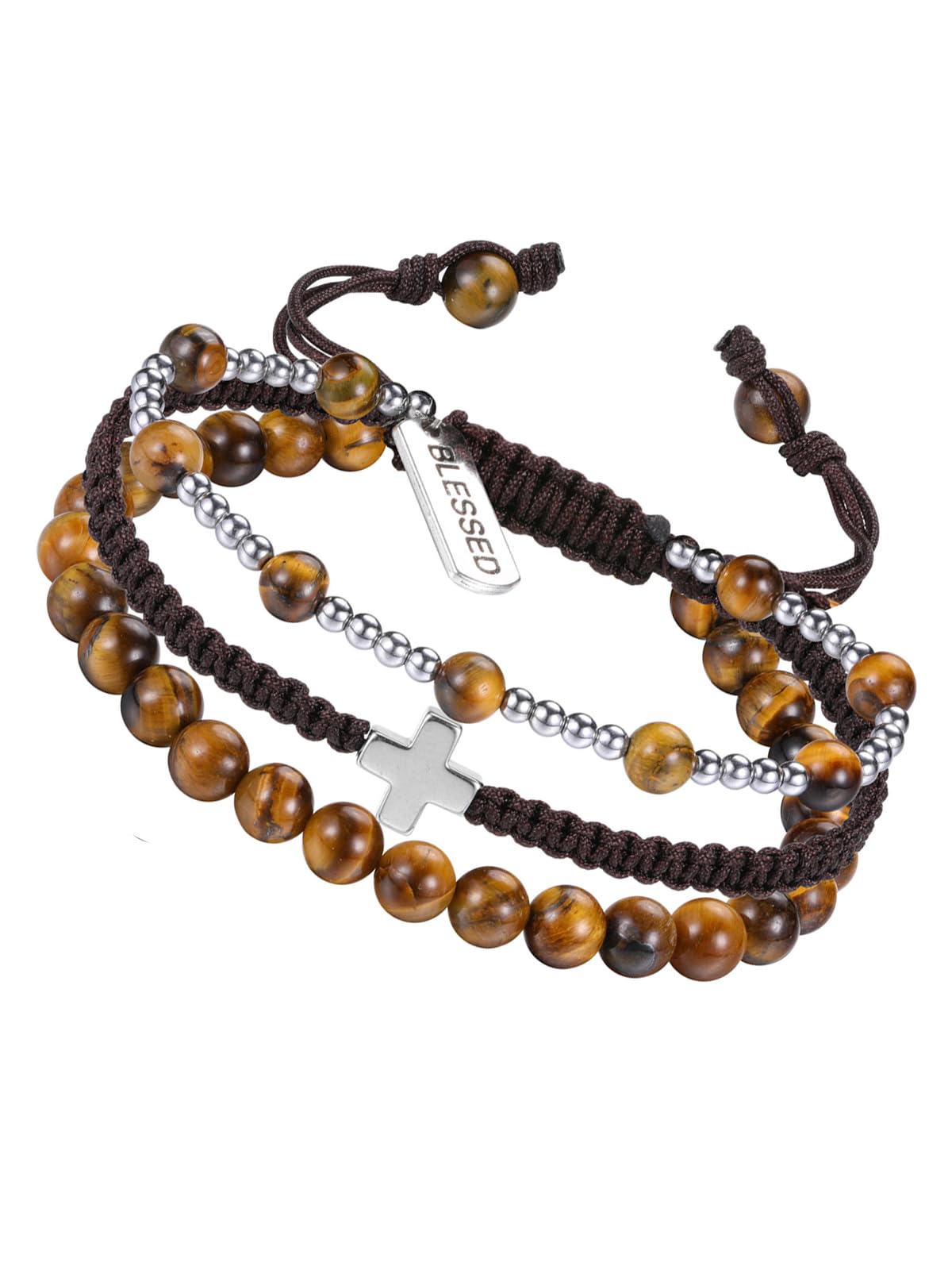 WZGWDC Herren-Armband mit Amethyst, Tigerauge, Obsidian, Kristall, Edelstein, Heilperlen, Armband für Männer, Herren-Kreuz-Armband, Schmuck, Geschenke für Männer und Frauen