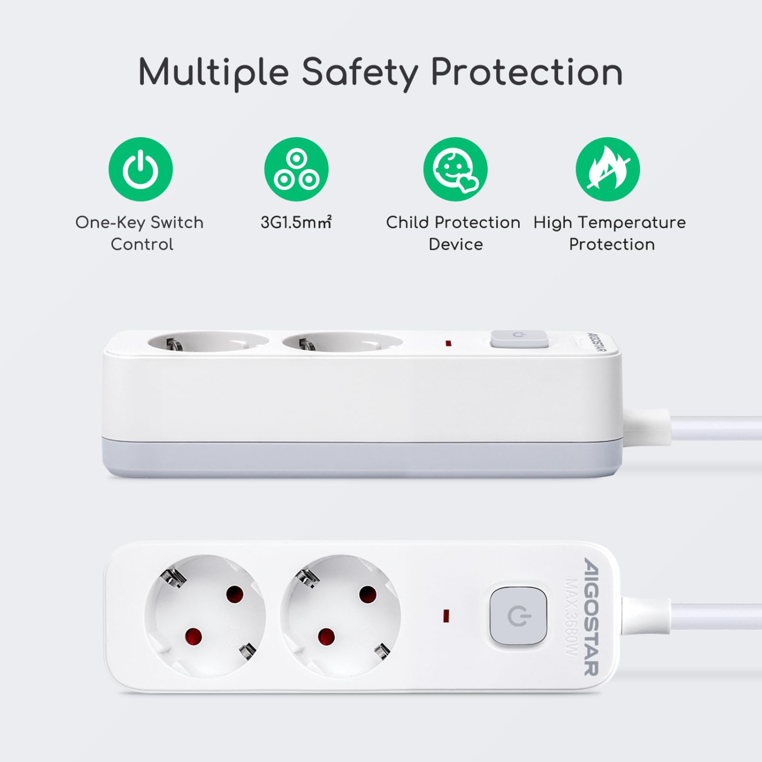 Aigostar Regleta Enchufes, Alargador Enchufe de 2 Enchufes con Interruptor, Cable de 3 Metros, Blanco — view 3