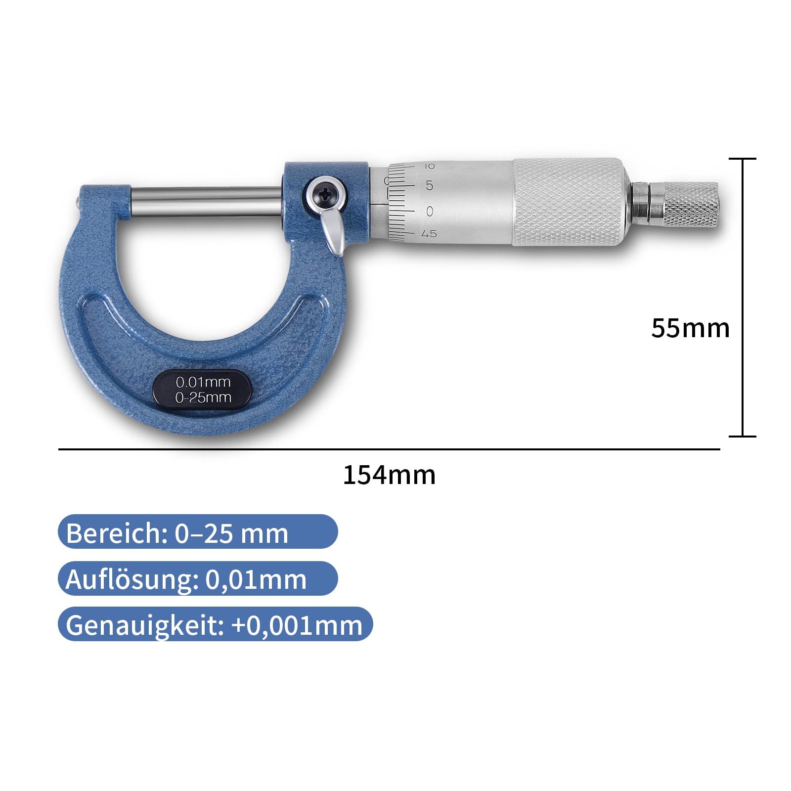 Bügelmessschraube 0.01mm Auflösung, Messbereich 0-25mm, Hochpräzise Messung Messschraube, Mikrometer Metrischer Außen Bremssattel mit Nullpunkteinstellung Schraubenschlüssel