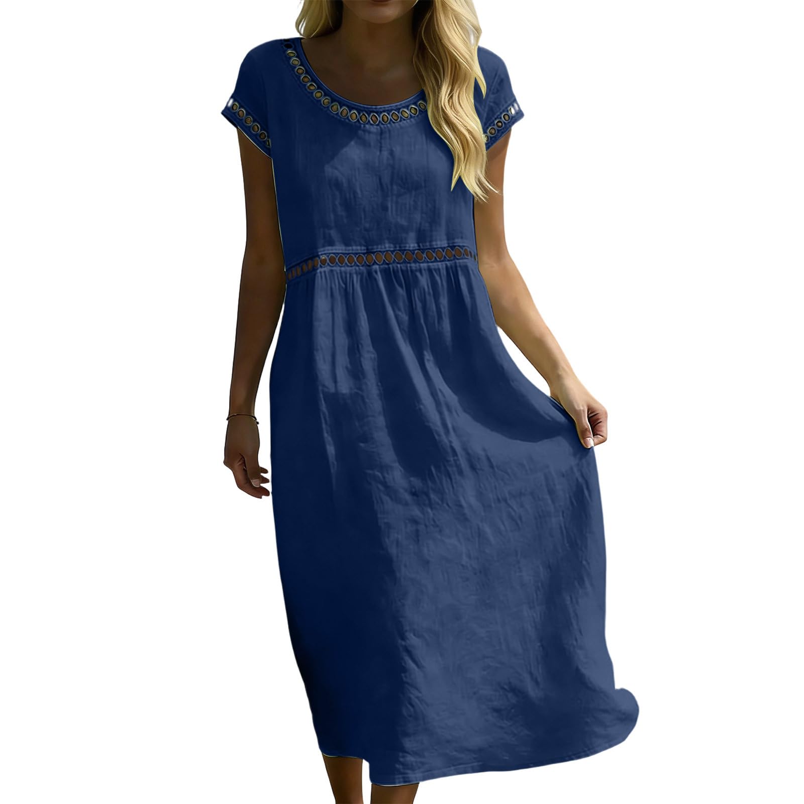 Générique Robe Femme Chic D'Été en Lin Coton Robe Ajourée Respirant Manches Courtes Col Rond Robes Tunique Decontractée Casual Dress Droite Robes de Soiree Plage Confort Léger Dress