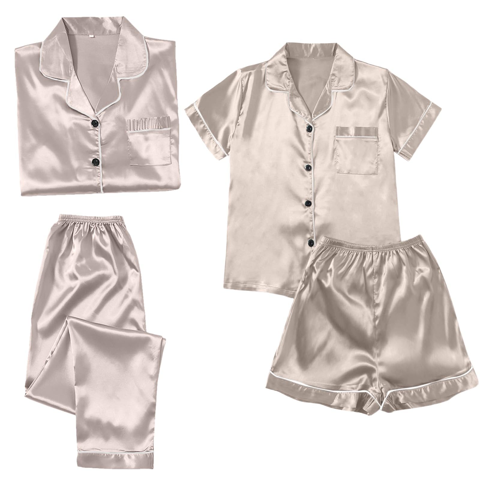 Conjunto de pijamas para mujer, 4 piezas, pijamas de talla grande para mujer, pijamas casuales para mujer, pantalones cortos de encaje, ropa de casa, pijamas con carlino (caqui, XXXL), caqui,