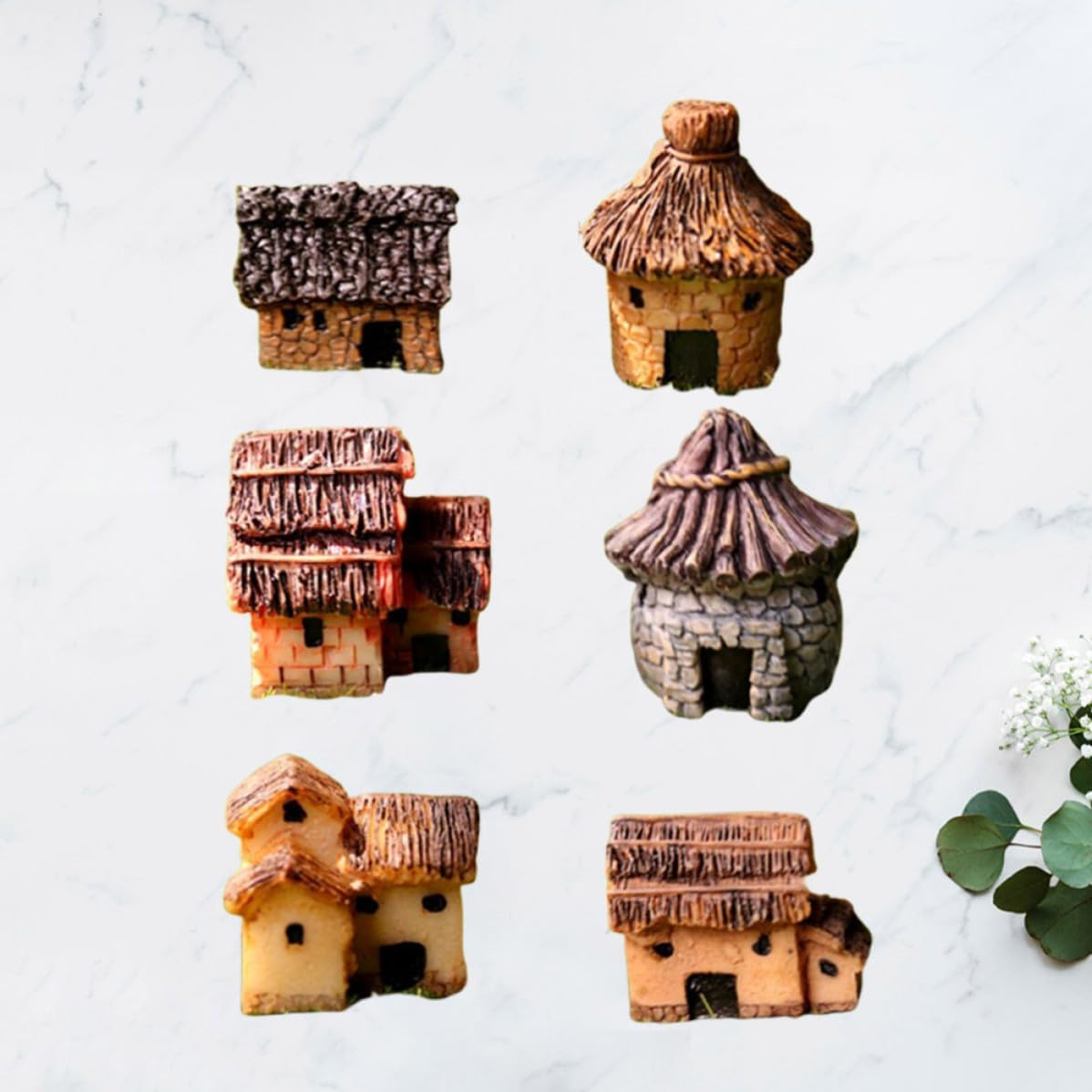 Resin Thatched House Micro Landscape Ornament Pastoral Style 6pcs
