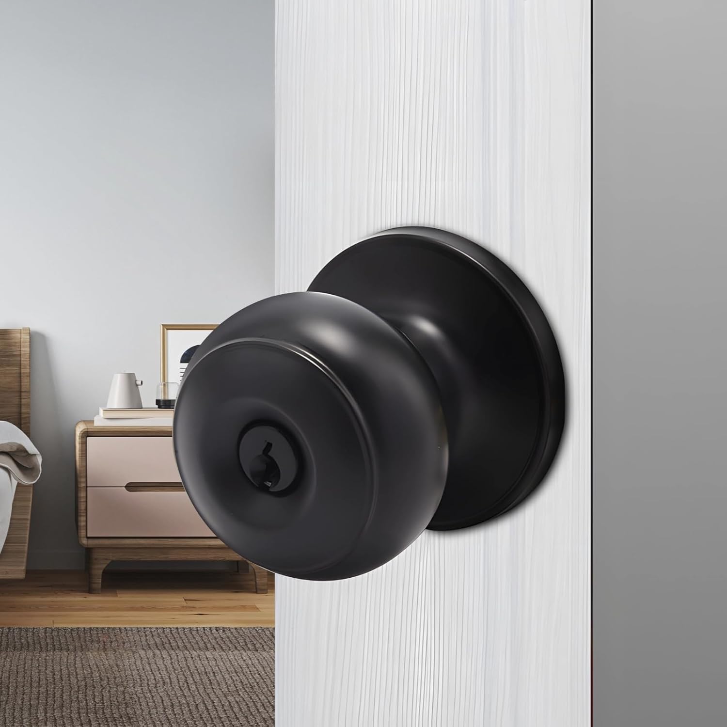 4 Door Knobs with Locks, Matte Black Finish, Interior and Exterior, Easy Install, for Bedroom/Bathroom