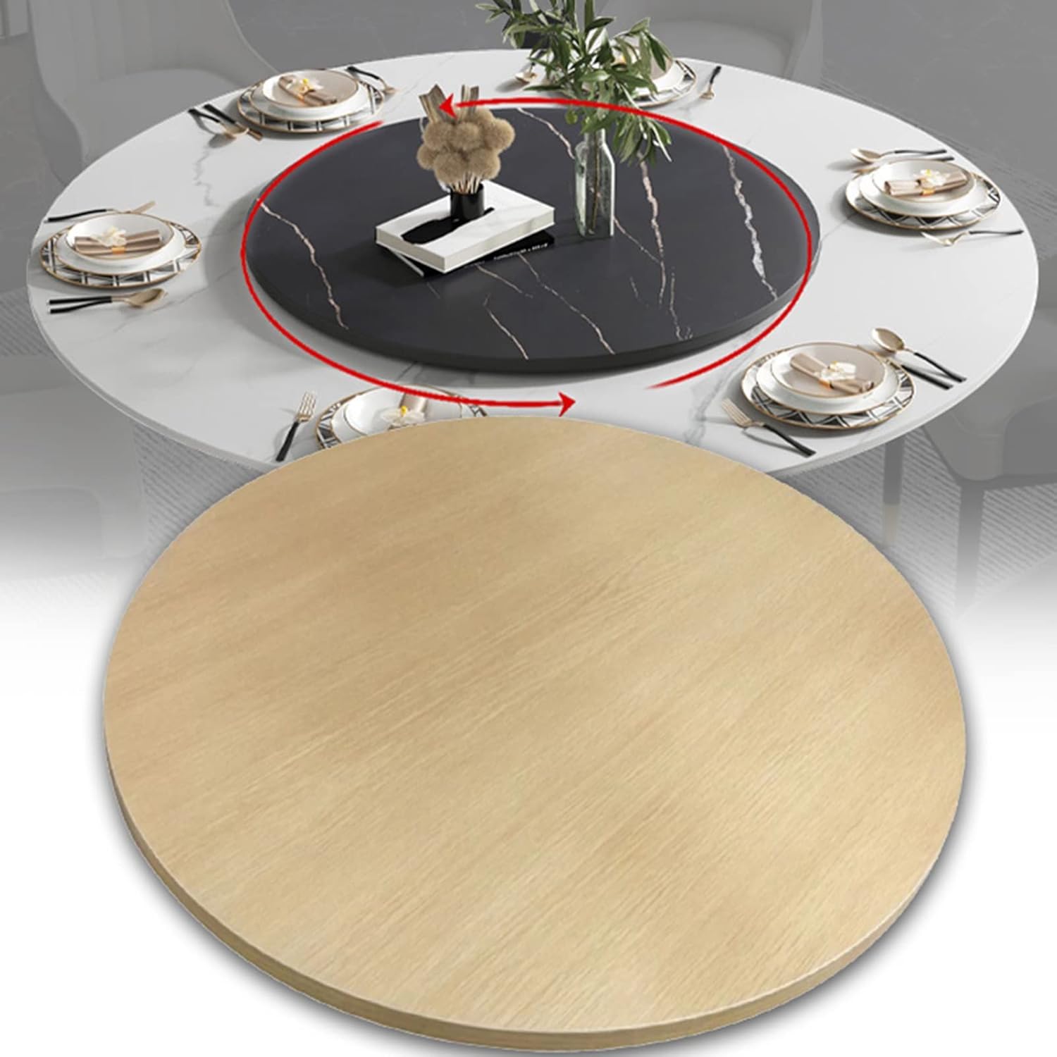 WORDFUN 360° Wood Serving Tray, 20"/24"/28" Rotating Round Lazy Susan Dining Table Tray, Wooden