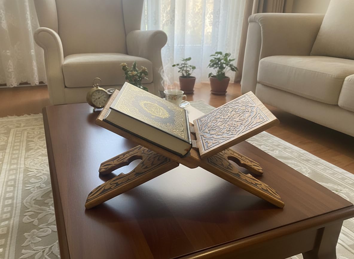 Elar Wooden Ahşap Rahle - Selçuklu Motifli Oyma Kitap ve Kur'an-ı Kerim Standı, Katlanabilir (45 cm uzunluk, 18 cm genişlik) – Kuran-ı Kerim ve Büyük Boy Kitap Tutucu (45 cm)