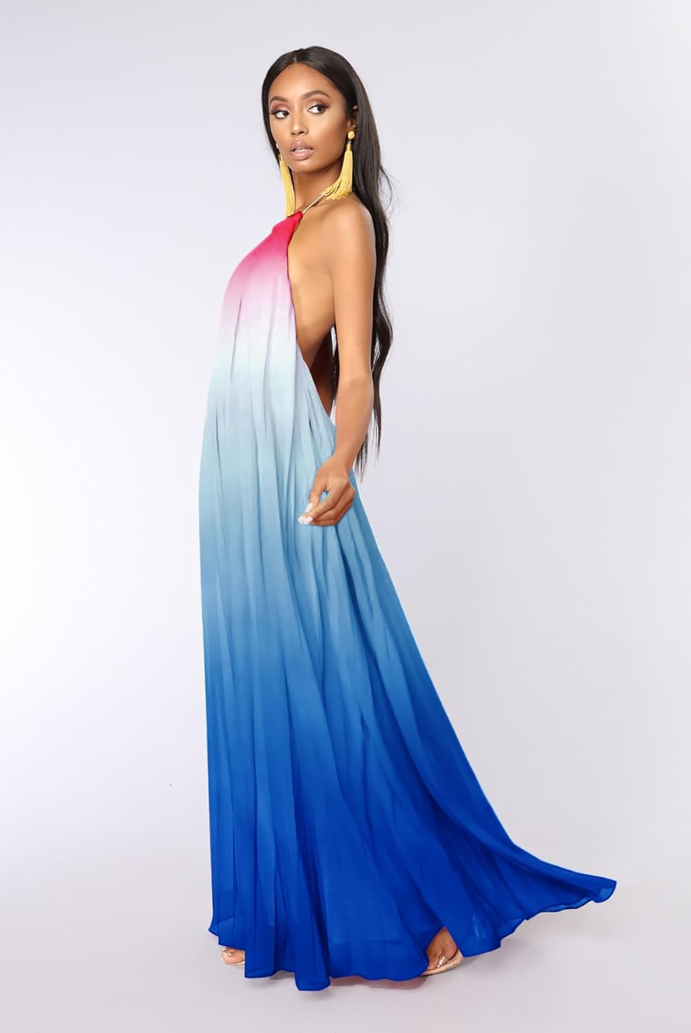 Paintcolors Women's Halter Sleeveless Long Maxi Dress Backless Casual Loose Ombre Summer Beach Chiffon Flowy Sundress - Image 3