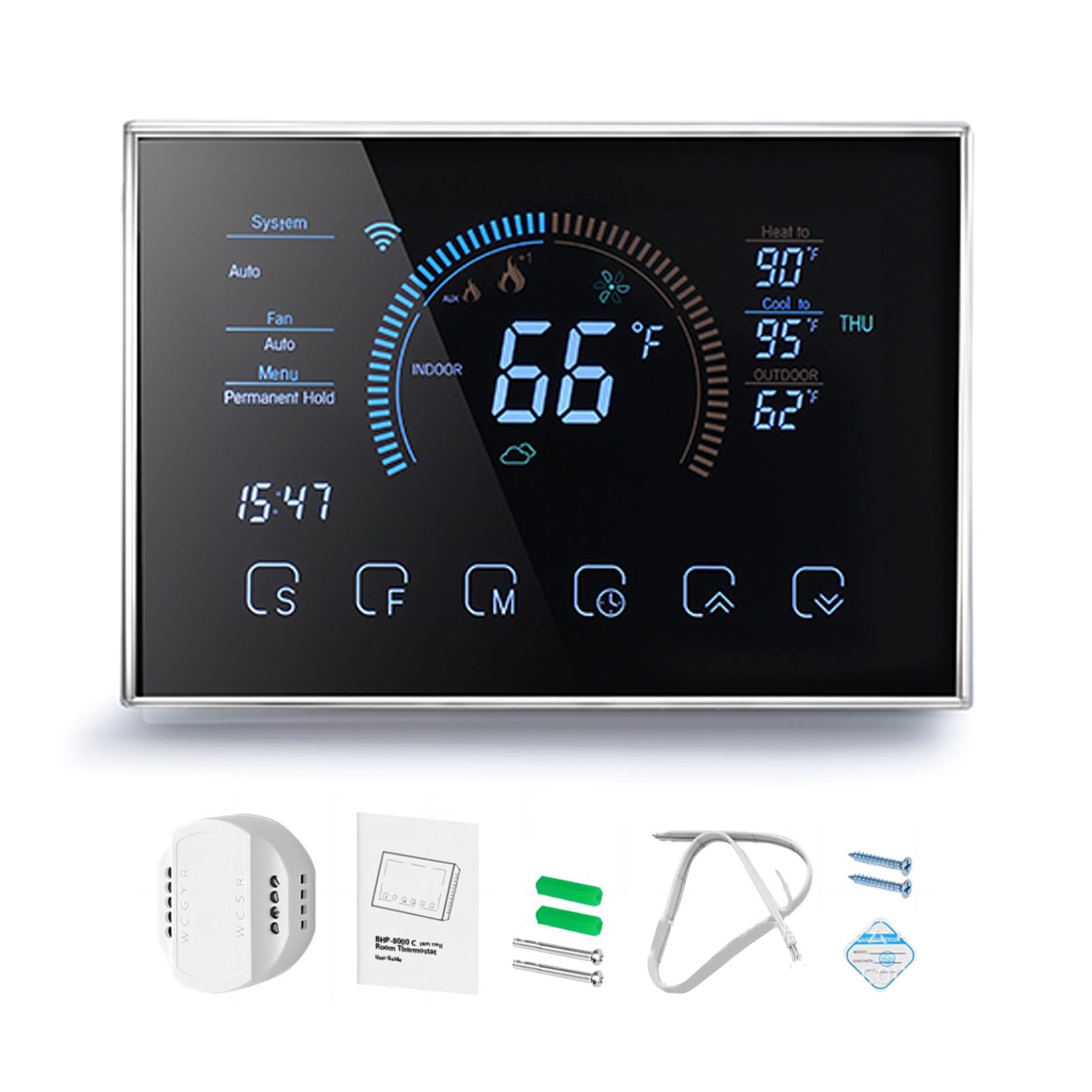 Termostato Intelligente con Touchscreen LCD, Pompa di Calore a Comando Vocale Programmabile, Intervallo 41-95°F per Riscaldamento e Raffreddamento Domestico (BLACK)