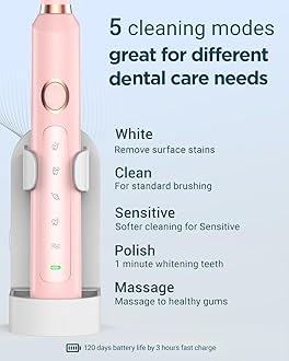 Rtauys Sonic Rechargeable Electric Toothbrushes for Adults with 8 Brush Heads & Travel Case,Teeth Whitening, Power Toothbrush with Holder, 3 Hours Charge for 120 Days - Pink