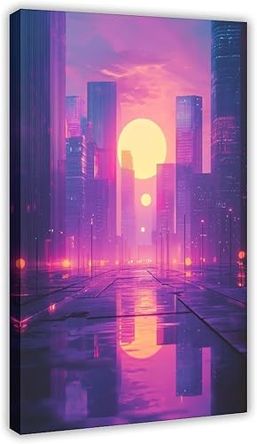 Synthwave Aesthetic Wall Print  Vaporwave Inspired Urban Art, Purple & Orange Neon Poster for Modern Home Decor Poster Print Decorative Painting