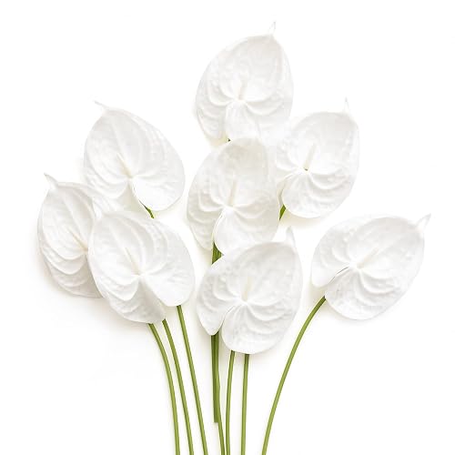 Ling's moment Anthurium Artificial Flowers, 8pcs 14" White Faux Fake