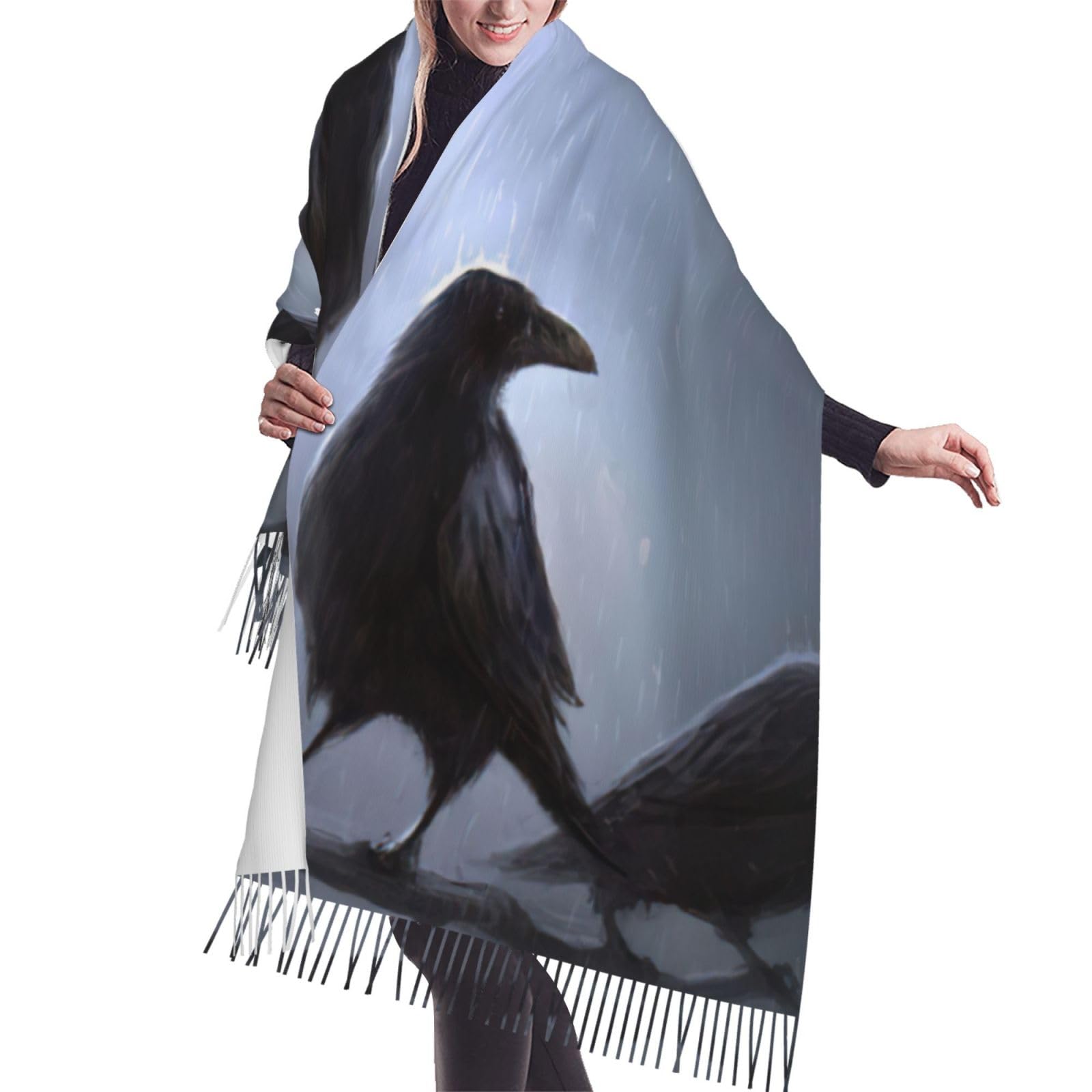 Jejea Women's Black Ravens Print Print Faux Cashmere Fringe Shawl - Warm Winter Scarf For Soft Cozy Wrap For Cold Weather
