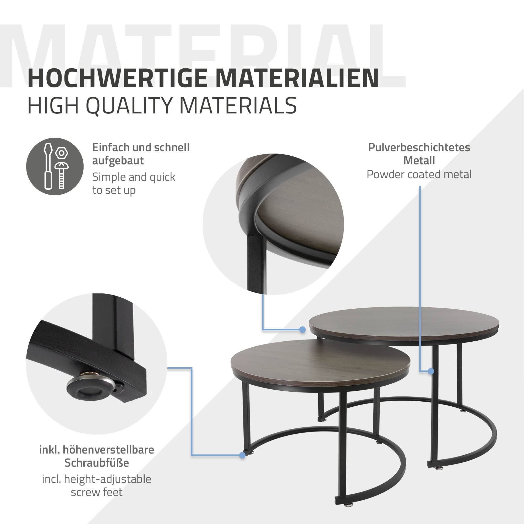 ML-Design Juego de 2 Mesas Auxiliares Redondas de Centro Ø59x40cm/Ø74x48cm MDF Roble Oscuro Estructura de Metal Negro Mesita para Salón Diseño Moderno Tablero para Lámparas Accesorios Decorativos