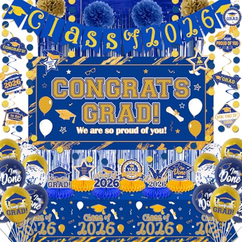 Image of Graduation Decorations 2026 Blue and Gold Class of 2026 Banner Congrats Grad Backdrop Paper Pompoms Hanging Swirls and Balloons for 2026 Graduations Party Decorations Supplies