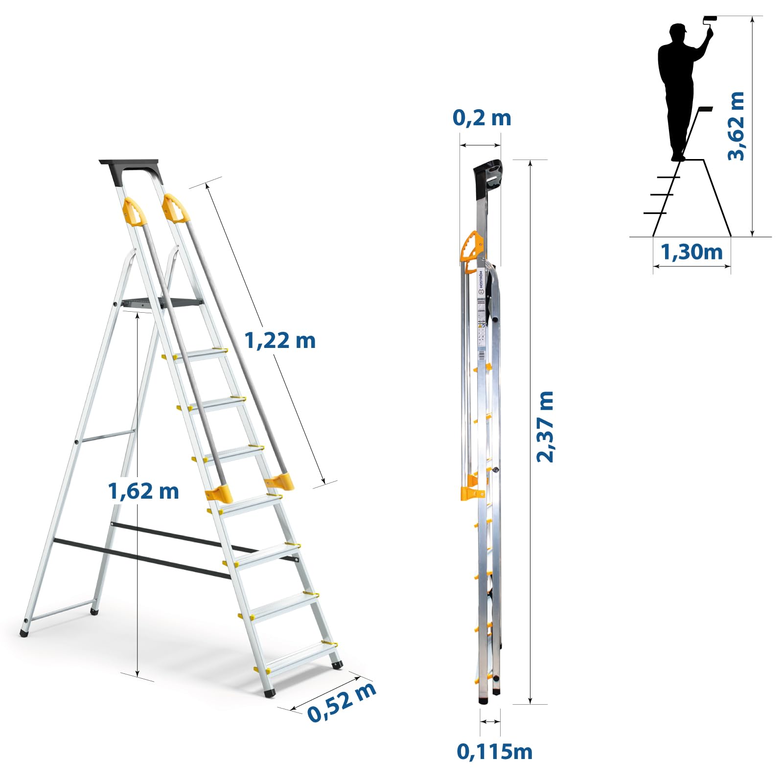 HOSTRÖM Escalera de 8 peldaños DURAMP Segura con rampas, Estante portaherramientas, Estribo Plegable de Aluminio, Altura Plataforma 162 cm, garantía de 5 años.