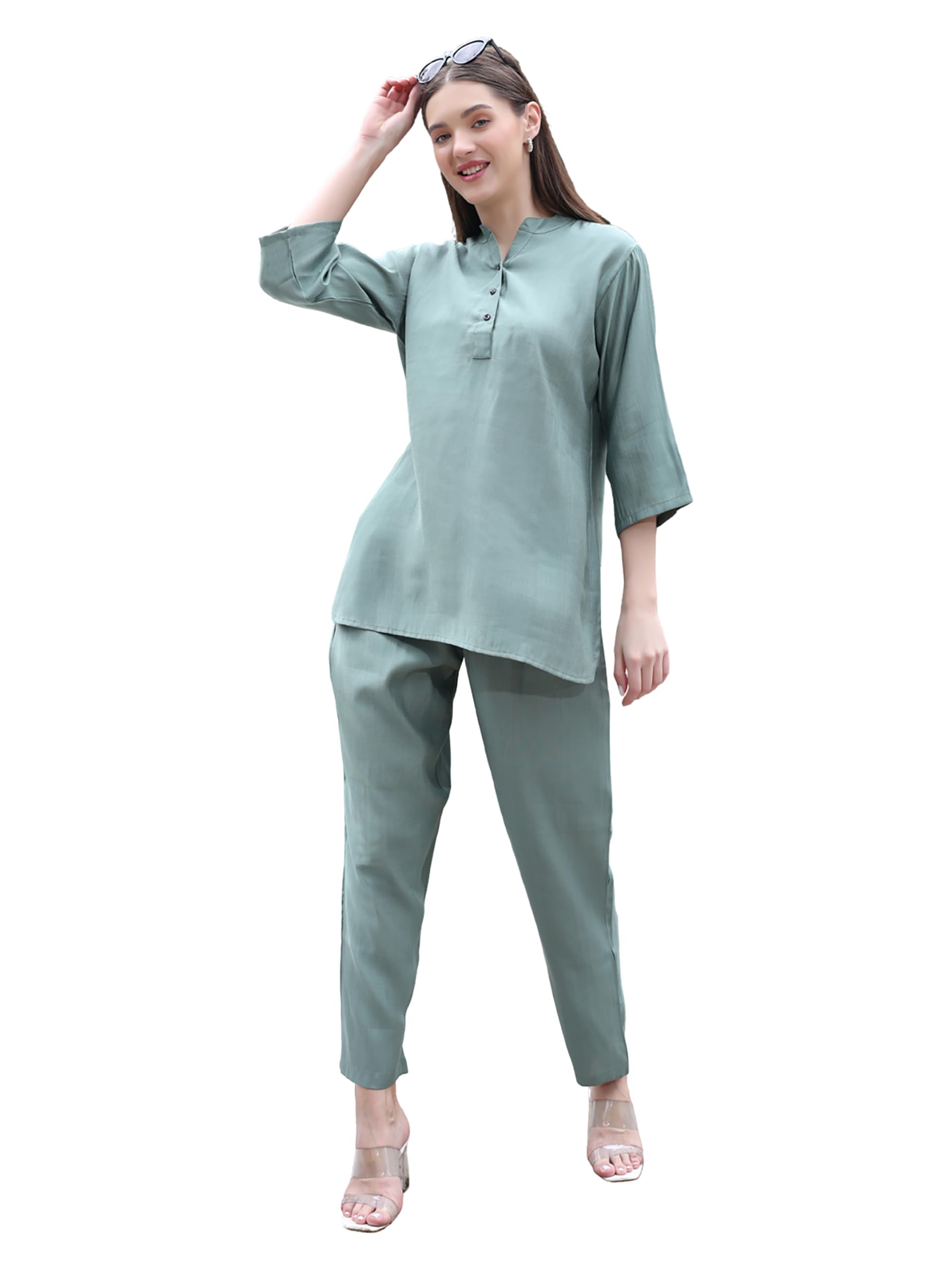 tittli Women Rayon Co-Ord Set | Tunic & Trouser Set for Women | Mandarin Collar 3/4 Sleeve Top | Elastic Waist Trouser | Comfortable Casual Wear Outfit | L to XXL-picture-14