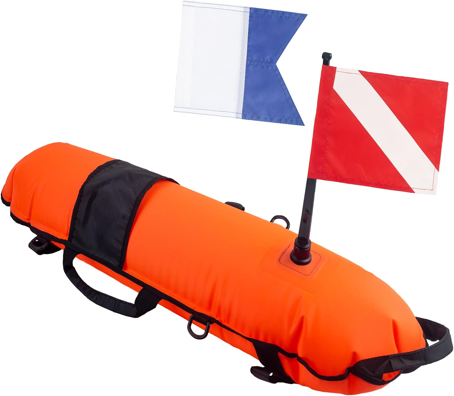 Inflation Torpedo Buoy, High Visibility Diver Down Safety Surface Marker Buoy Signal Float with 2 Dive Flag, Diver Down Flag + Alpha Flag for Underwater Scuba Diving Spearfishing