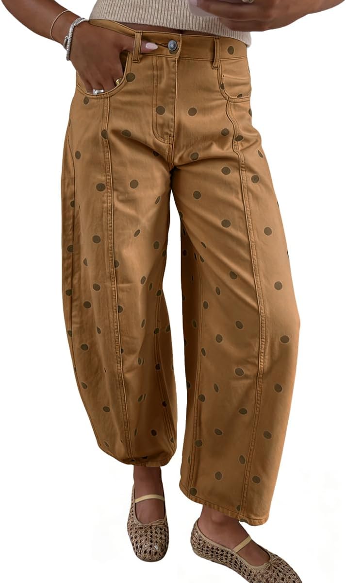 chouyatou Women's 2026 Polka Dot Pattern Barrel Jeans Boyfriend Y2K Casual Wide Leg Mid Rise Denim Pants - Image 2