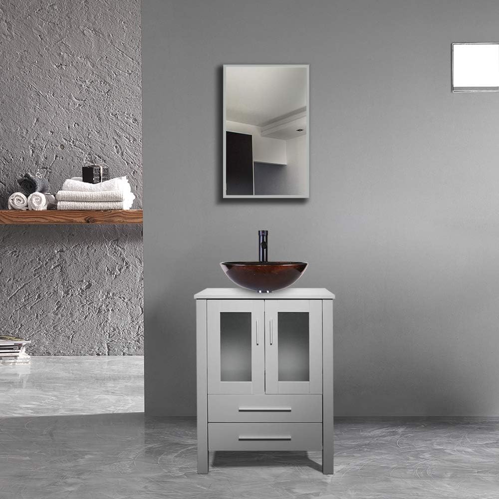 Super Big Clearance! 24 Grey Bathroom Vanity,Tempered Glass Vessel Sink Combo,Style Sink,1.5 GPM Faucet Oil Rubbed Bronze,Bathroom Vanity Top with Sink Bowl,20 inch Deep, 30% Water Saving Faucet/U-Eway (B02GA09)