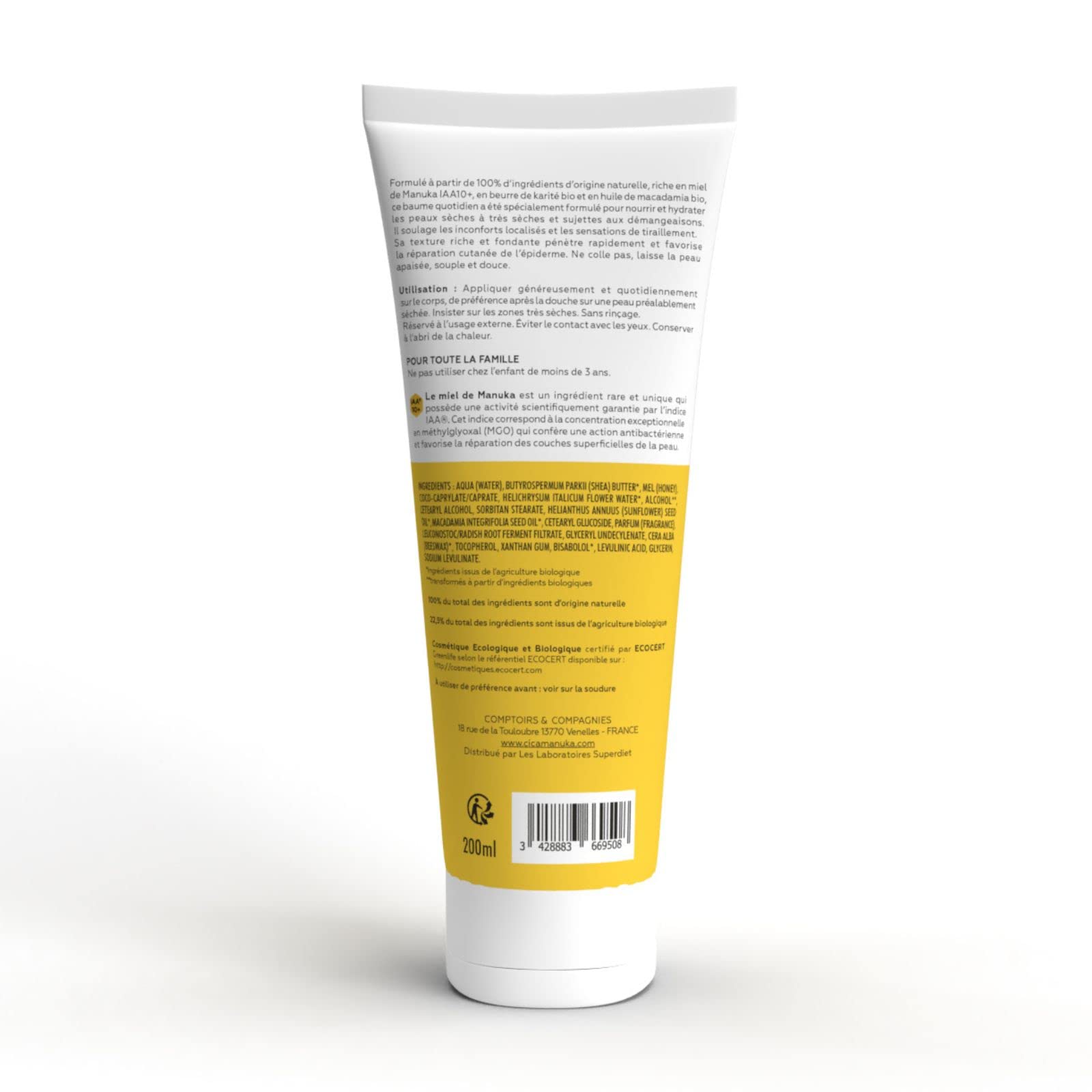CICAMANUKA - Baume corps réparateur au miel de Manuka IAA10+ - Favorise la réparation des peaux sèches - Certifié Bio - 200ml