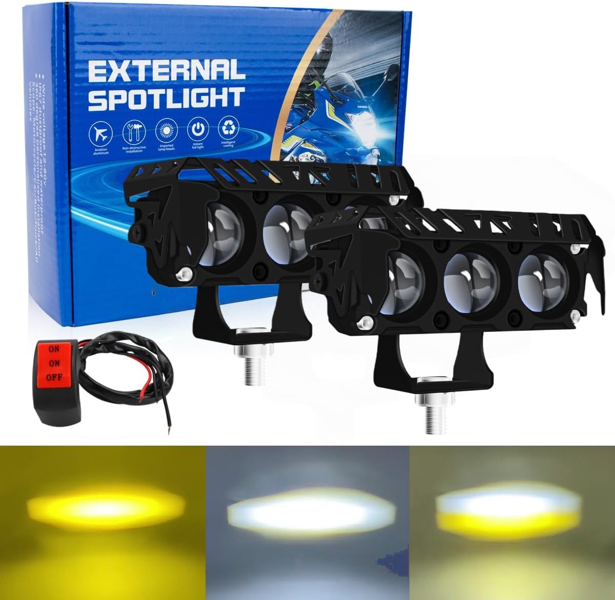LED Spotlight Yellow&White Dual-Beam External Car Light Combo 2PCS Off-Road Spotlight, High-Brightness Waterproof Outdoor Work Fog Driving Lamp for Pickup Truck ATV SUV Boat-with Switch,Four-Eyed