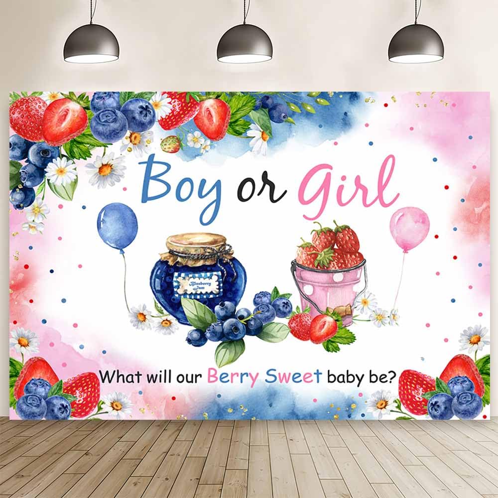 MEHOFOND 8x6ft Berry Gender Reveal Backdrop Boy or Girl What Will Our Berry Sweet Baby Be Photography Background Pastel Pink and Blue Strawberry
