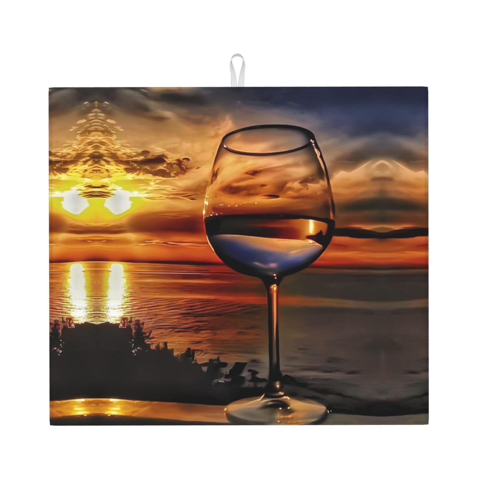 HJFCZH Sunset Wine Glass Prints Kitchen Drying Mat – High-Capacity Absorbent Dish Cover, Engineered with 4x Weight Absorption, Durable Microfiber & Composite Foam Construction