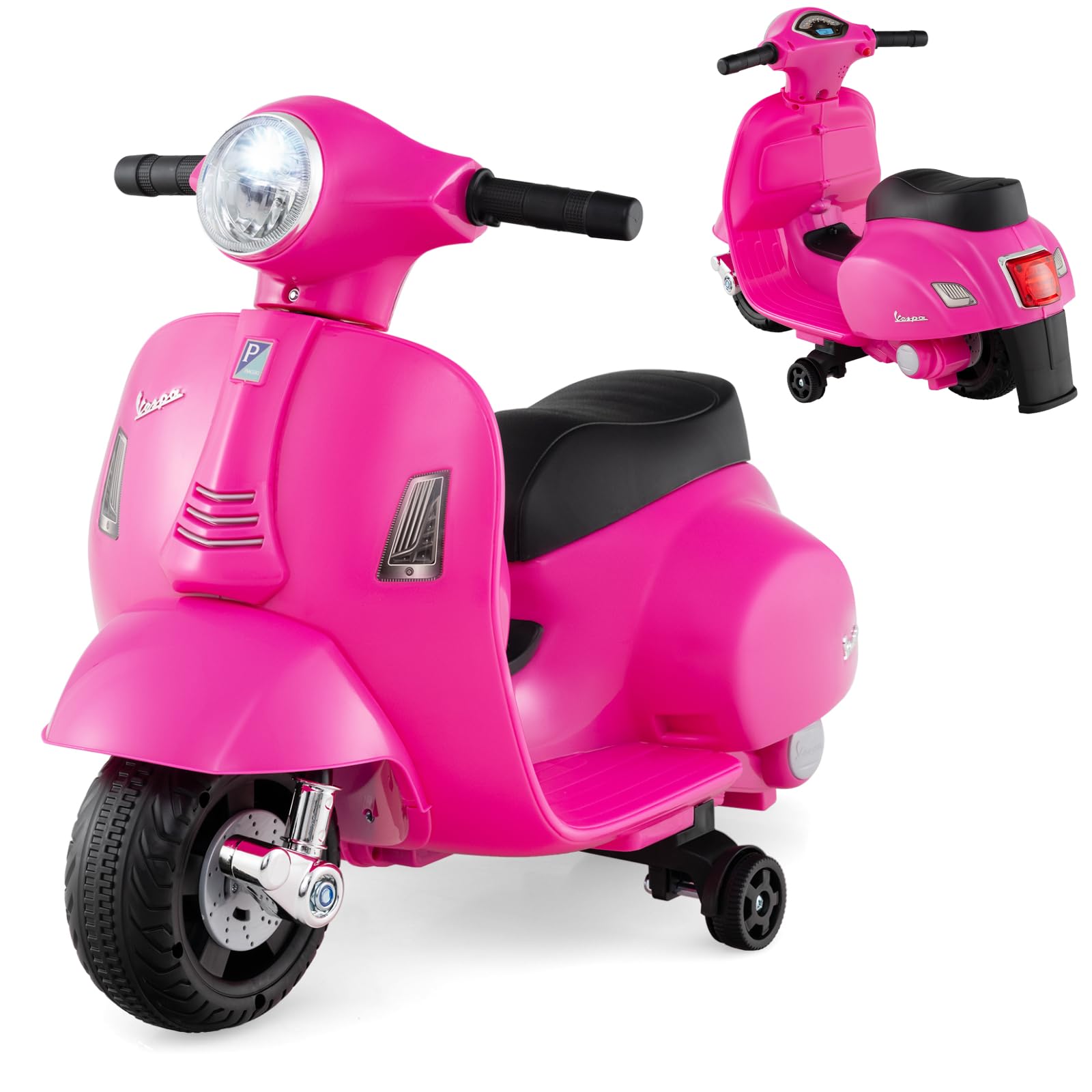 Maxmass 6V Electric Motorbike, Licensed Vespa Battery Powered Ride on Motorcycle with Training Wheels, LED Headlight, Horn, Children Ride on Toy Car Electric Vehicle for 18-36 Months Old (Pink)