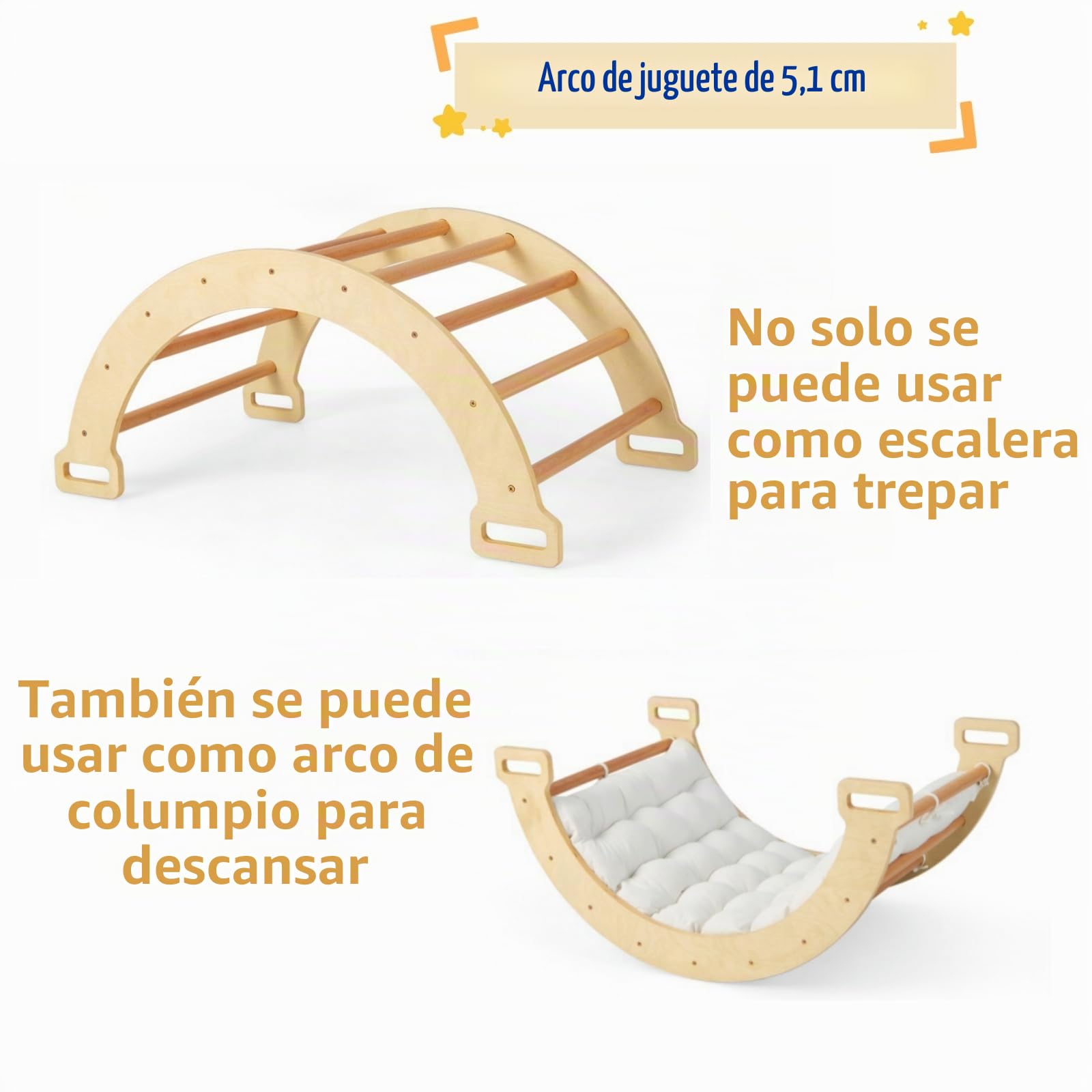 LIFEZEAL Arco de Madera para Escalar 3 en 1, Divertido Arco de Pared y Balancín para Niños, Barco Balancín con Suave Cojín de Doble Cara para Niños de 1+ Años (Natural)