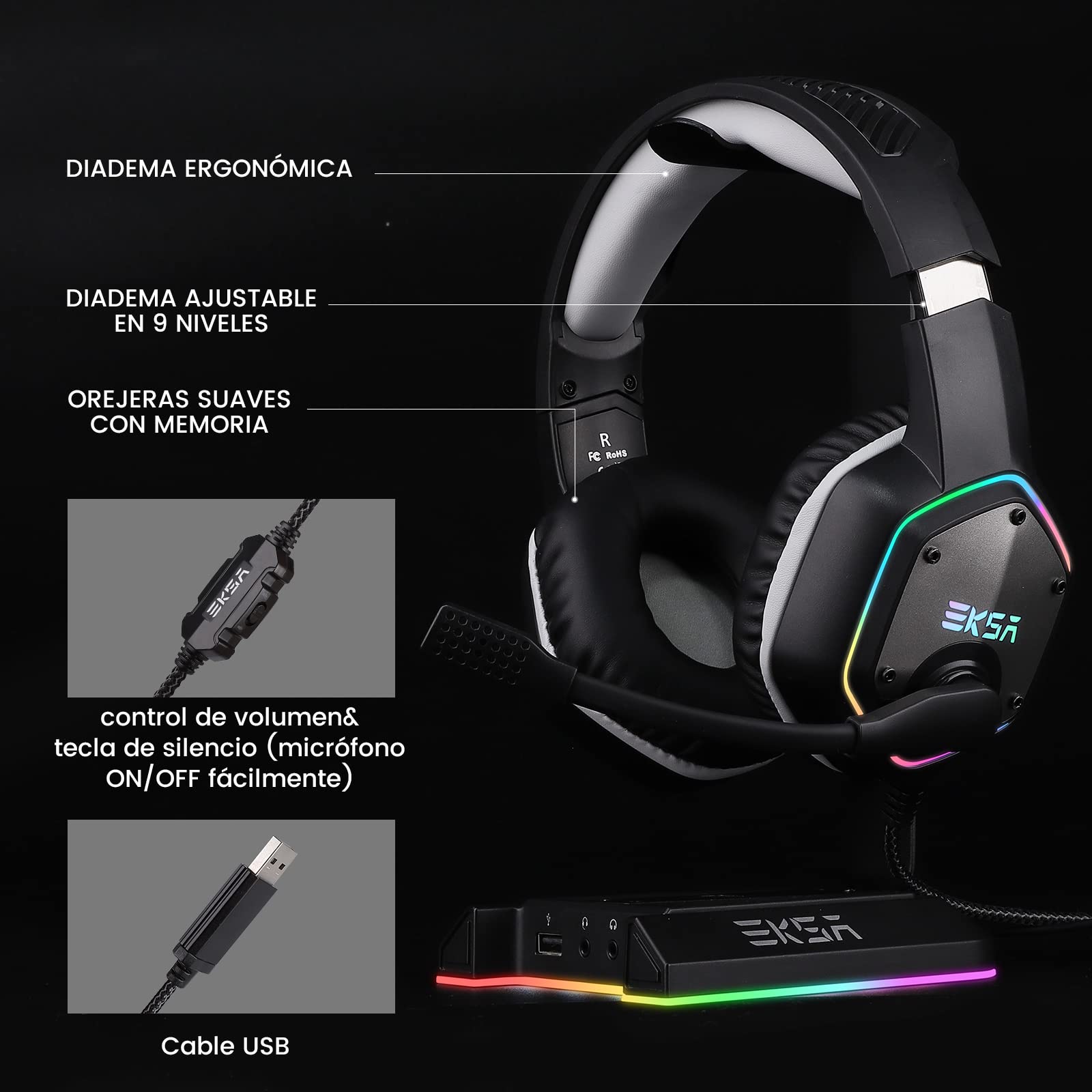 EKSA E1000 Cascos Gaming USB para PC, Over Ear Auriculares Gaming con Cable, Micrófono con Cancelación de Ruido, Sonido Envolvente 7.1, Luz RGB para Consola PS4 / PS5,Laptop