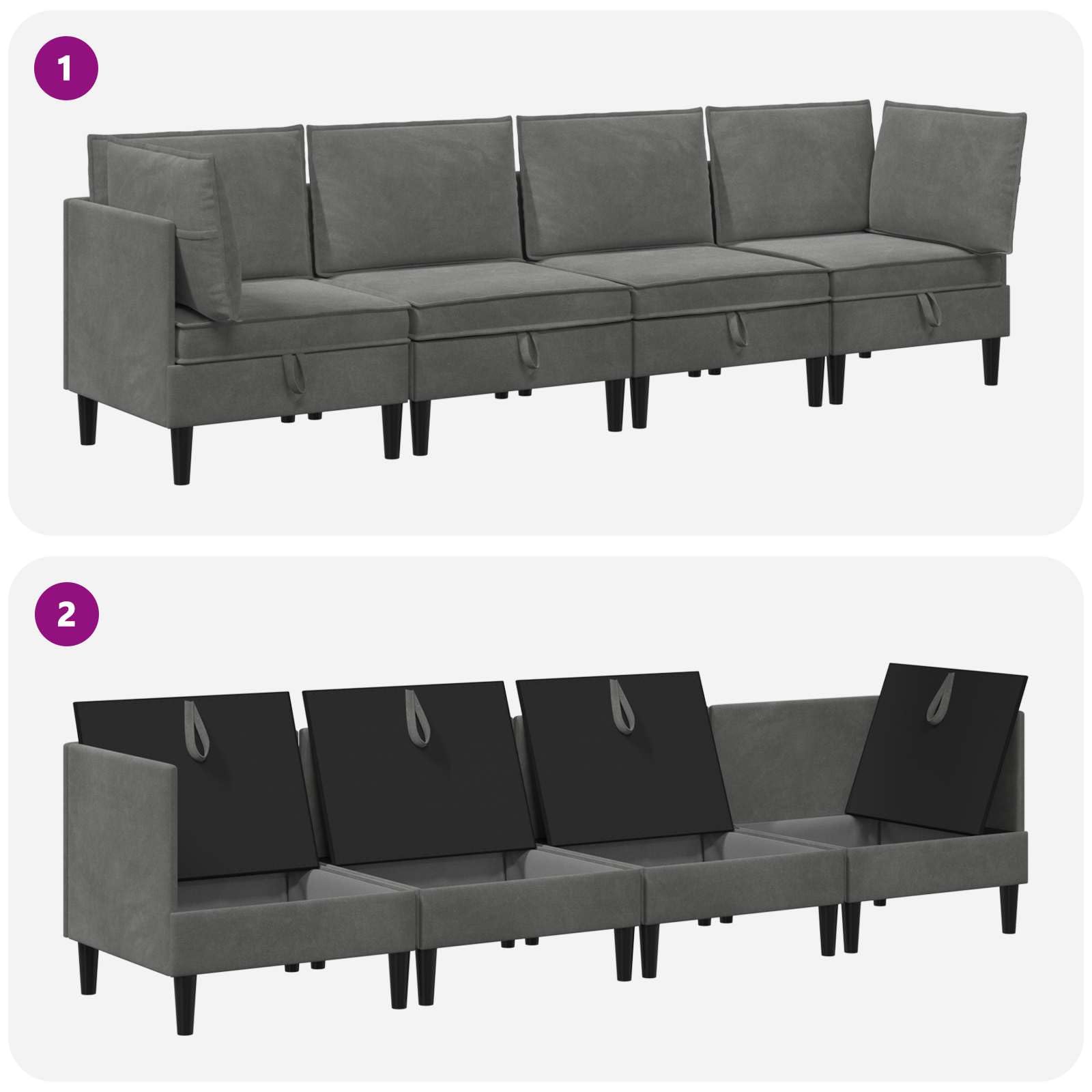 Conjunto de muebles de salón de 4 piezas gris oscuro aterciopelado, sofá moderno con asientos tapizados y almacenamiento, Fusion Terciopelo y contrachapado para durabilidad y elegancia, diseño