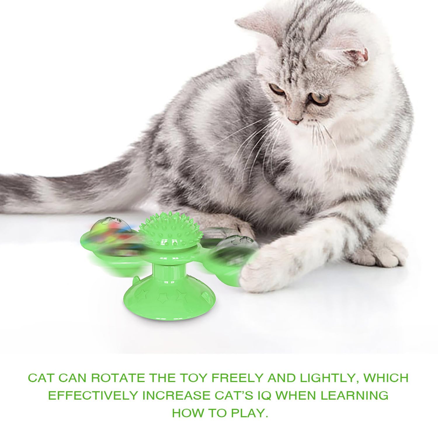 Giocattolo interattivo per gatti, girevole, multifunzione, per interni, massaggi, con erba gatta, palla e ventosa, design sicuro e durevole (verde)