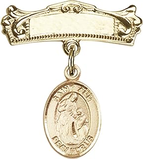 14kt Yellow Gold Baby Badge with St. Ann Charm and Arched Polished Badge Pin 7/8 X 3/4 inches