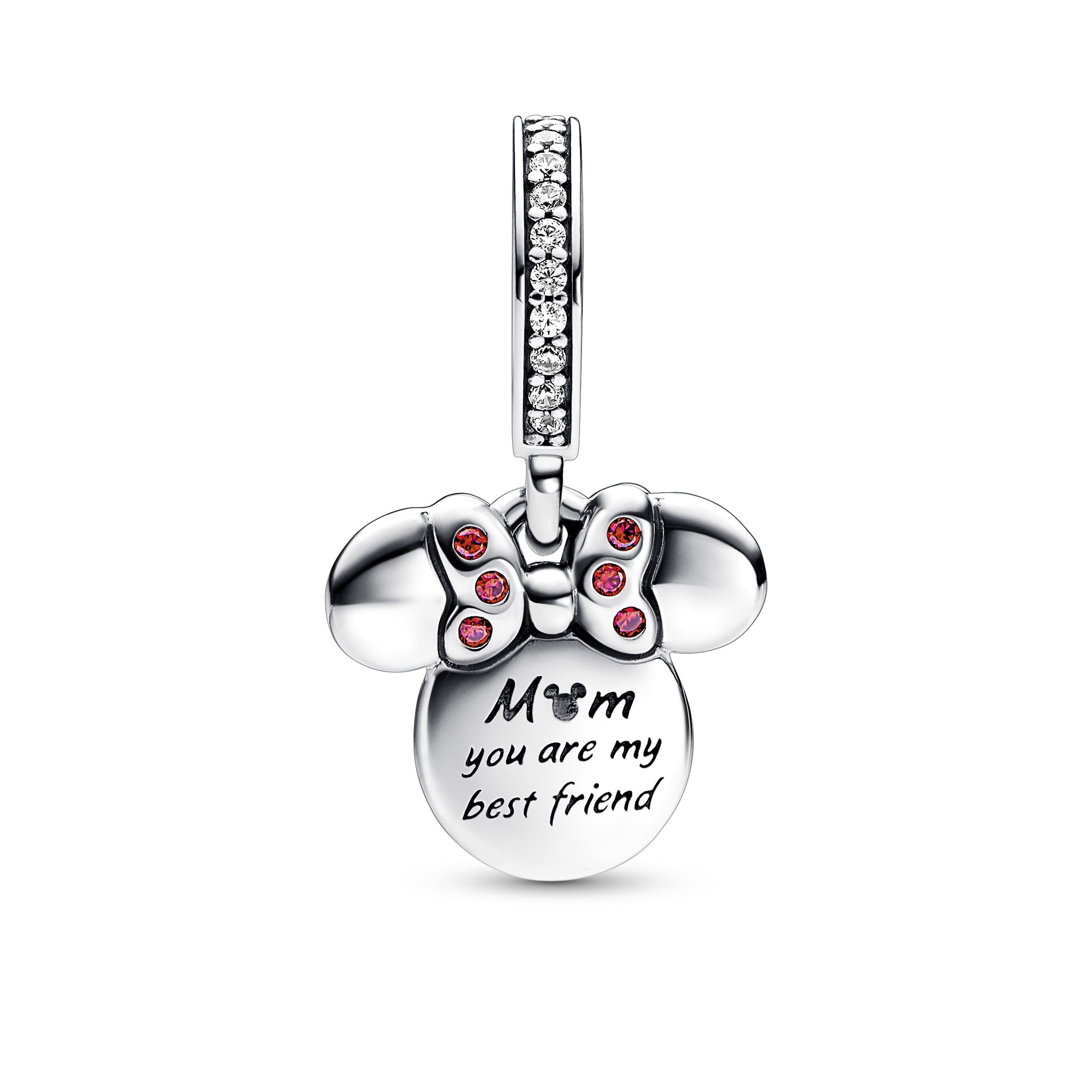 PANDORA Disney Ciondolo doppio con Minnie in argento Sterling e placcato in oro rosa 14 carati con zirconi cubici rossi trasparenti e smalto bianco scintillante