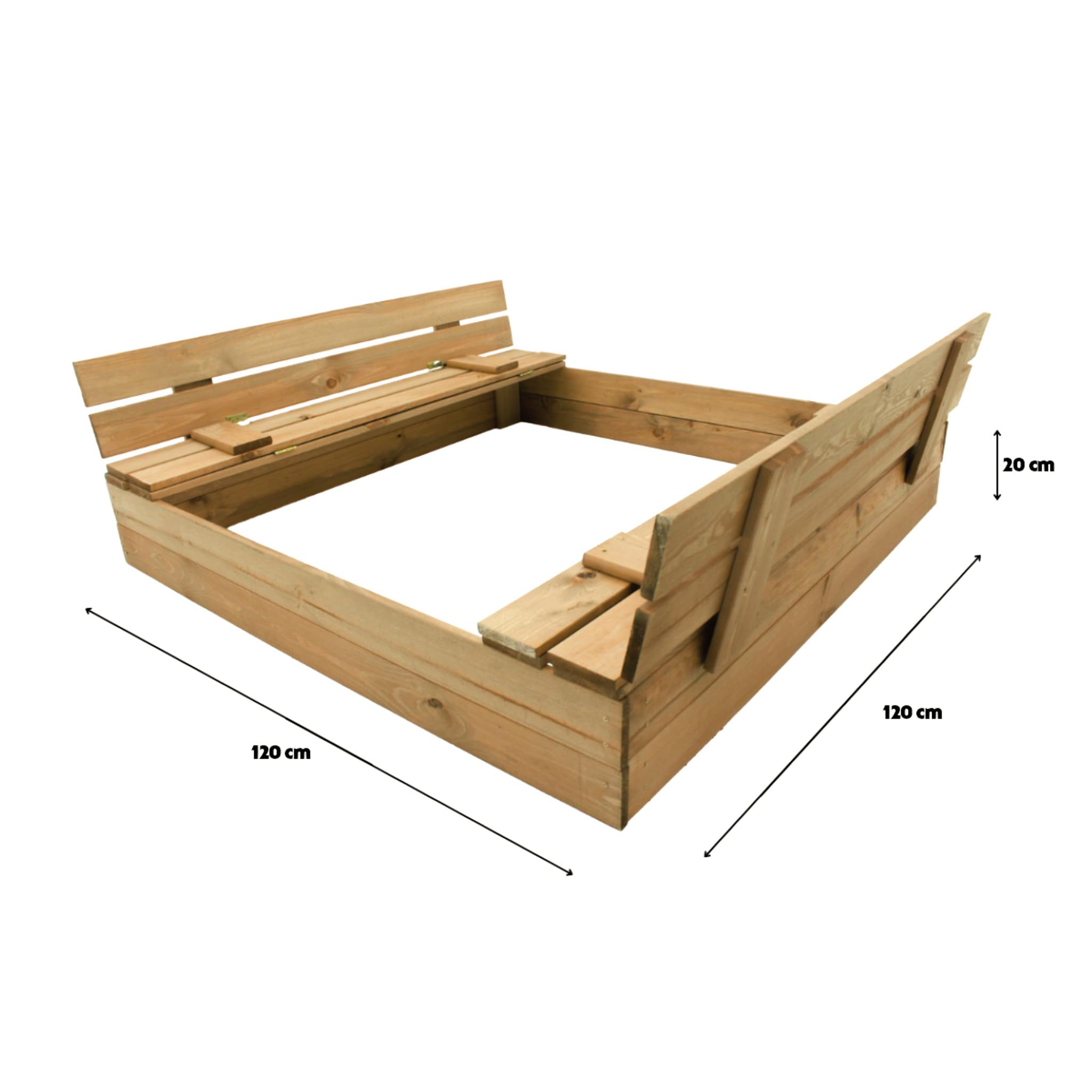 Sandkasten, Sandkasten Inklusive Bodentuch und Abdeckplane, Kindersandkasten,Sandkiste mit Bank, Holz, Imprägniert, Sitzbank,Mit klappbaren Bänken 120x120x20 cm