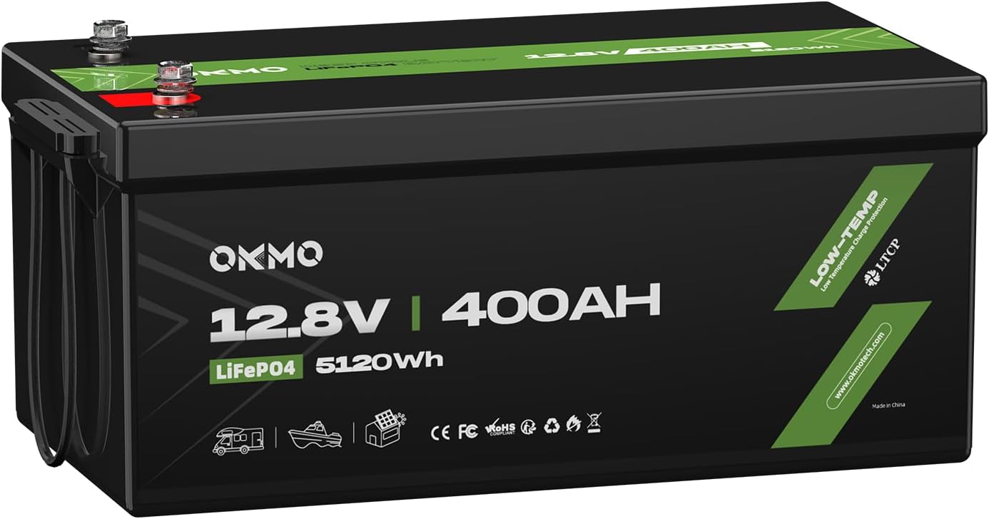 OKMO 12V 400Ah LiFePO4 Lithium Battery 150A BMS 5120Wh for Photo voltaic Systerm,RV,Tenting,Marine and Dwelling Vitality Storage
