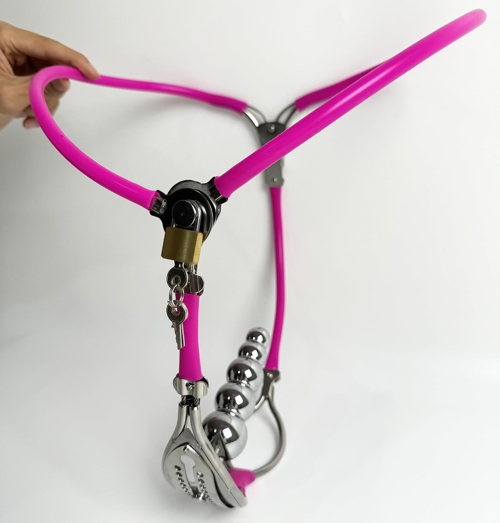 YILUQIFLY Ceinture de Chasteté Féminine en Acier Inoxydable avec Plug Vaginal Rose 90-110cm Ajustable Verrouillable