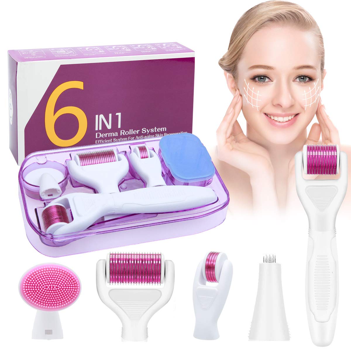 Kit Dermaroller 6 En 1 Derma Roller 0.5/1/1.5/2mm Micro Aiguilles Rouleau Dermaroller Appareil Anti-rides Anti-âge Retrait de Cicatrice Acne Vergetures pour Visage Corps Yeux