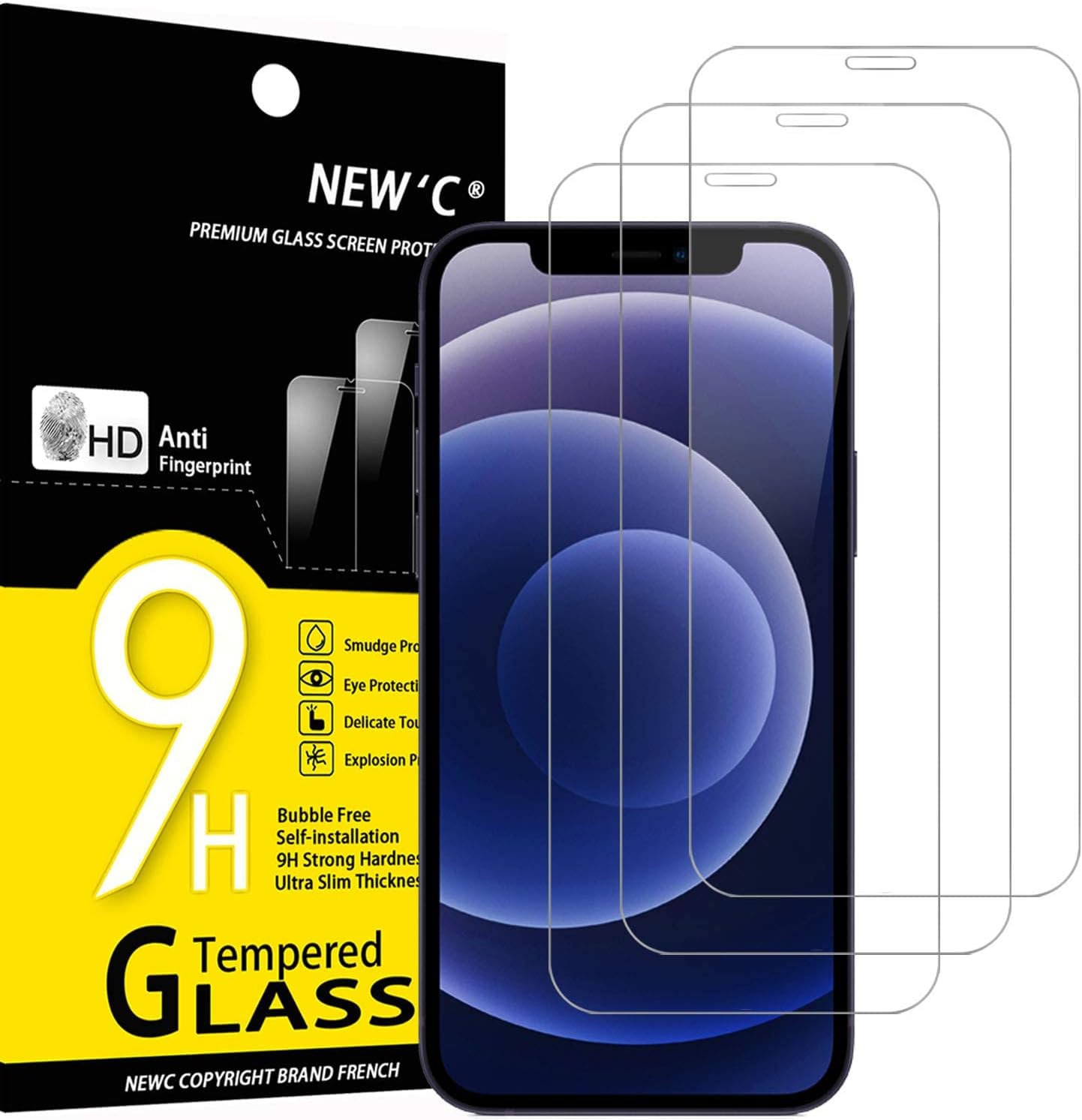 NEW'C 3-Pack Tempered Glass LCD Protective Film for iPhone 12 Mini (5.4"), No Bubbles, Ultra-Durable 9H Hardness