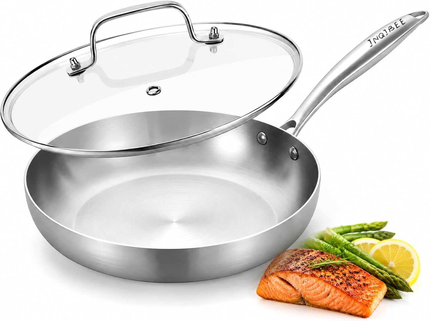 Inqibee 10 Inch Stainless Steel Frying Pan with Lid, Riveted Handle