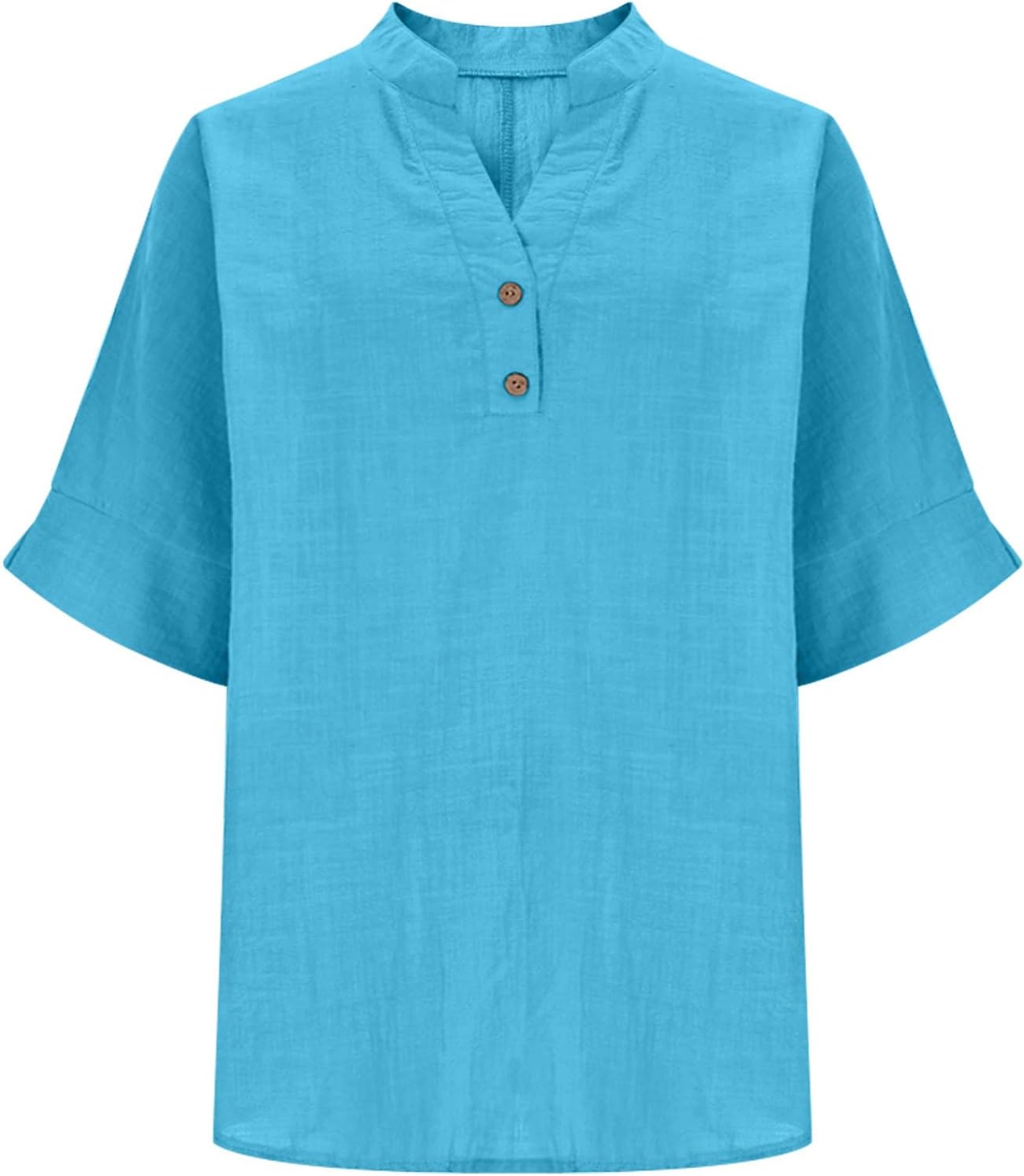 3/4 Sleeve Linen Tops for Women Loose Fit V Neck Button Down Henley Shirts Cute Solid Summer Beach Tee Shirts