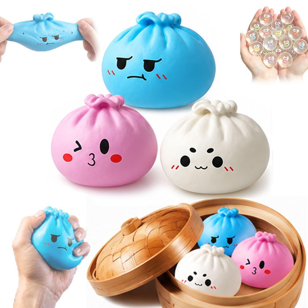 3PCS Pop Fidget Toys Stress Relief Squeeze Toys Soft Squeeze Office Desk Toy, Cute Kawaii Bao Buns Plush Squishy Fidget Silicone Squeeze Toys, for Adults,Party Favors,3 Colors with Steamers