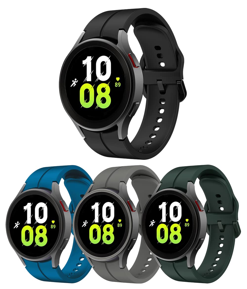4-Pack Silicone Replacement Strap for Samsung Galaxy Watch 5 Pro 45mm, Galaxy Watch 4 40mm/44mm, Classic 42mm/46mm - No Gap Fit with Colorful Buckles(Black/Grey/Midnight Green/Rock Blue)