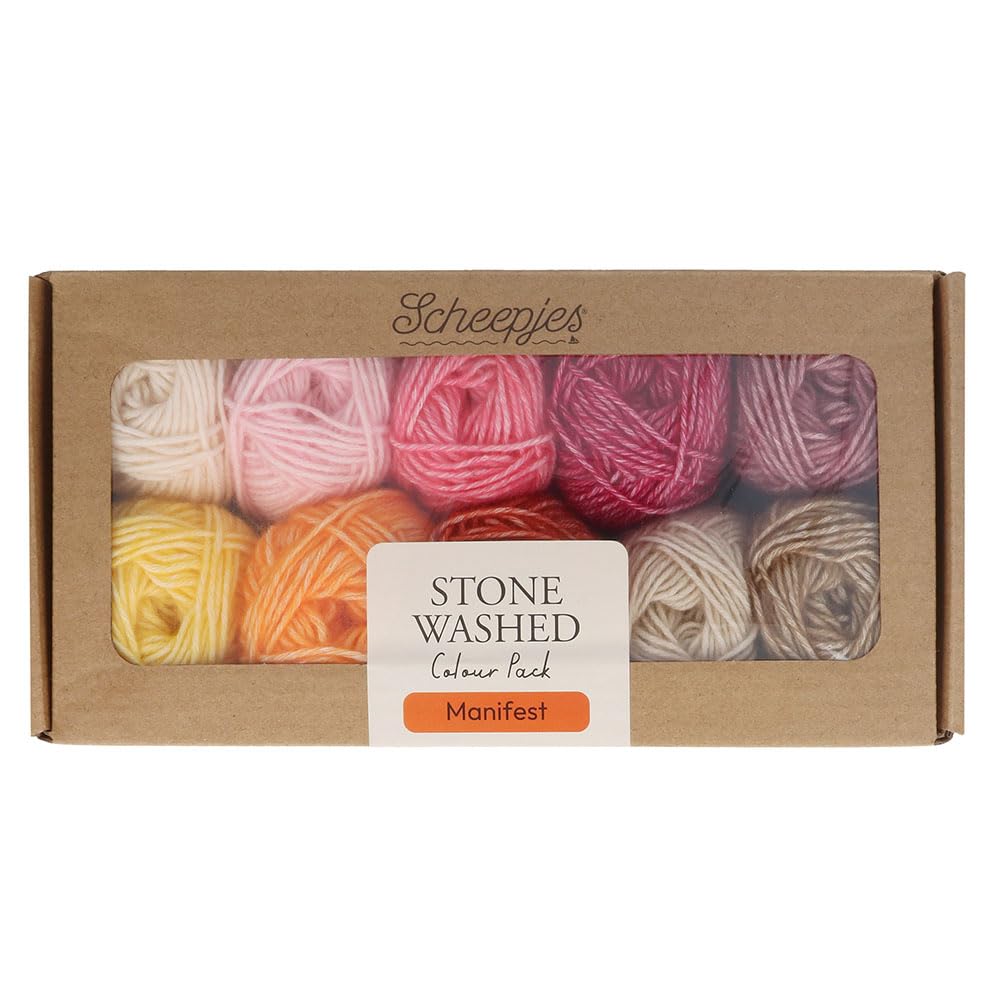 Scheepjes Stone Washed Colour Pack 10x25g - Manifest, Rood/Oranje/Roze, 11.5 centimeters