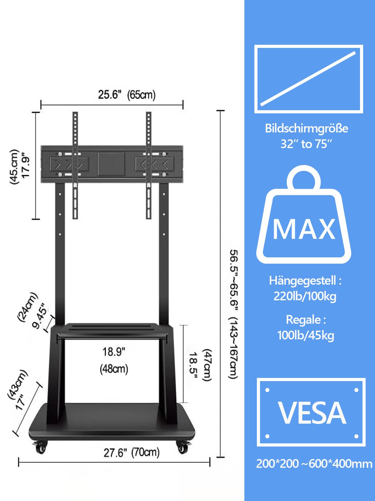 Hellsehen Mobiler TV-Ständer, rollbarer TV-Wagen auf Rädern, höhenverstellbar, robuster Bodenständer für 32-75 Zoll LCD-, LED-OLED-Flachbildschirme, Smartboard, beweglich