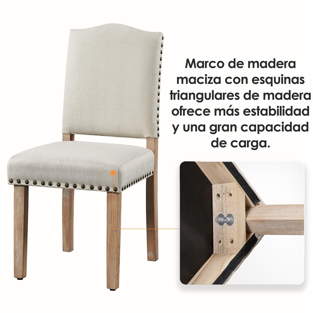 Yaheetech Juego de 2 Sillas de Cocina Tapizada de Tela Pata Madera Beige | Silla de Comedor Respaldo Alto, Silla de Cocina Tapizada de Tela, Diseño Clásico, Asiento Acolchado, para Salón y Cocina