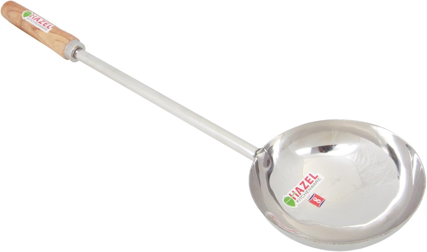 Hazel Steel Jumbo Tadka Pan with Long Wooden Handle, 28 cm, 600 ml, Silver